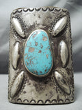 Early 1900's Vintage Native American Navajo Turquoise Sterling Silver Bracelet Bowguard Old-Nativo Arts