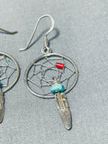 Unique Native American Navajo Turquoise Coral Sterling Silver Dream Catcher Earrings-Nativo Arts