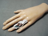 Inlay Master Native American Zuni Inlay Turquoise Coral Jet Sterling Silver Feathers Ring-Nativo Arts
