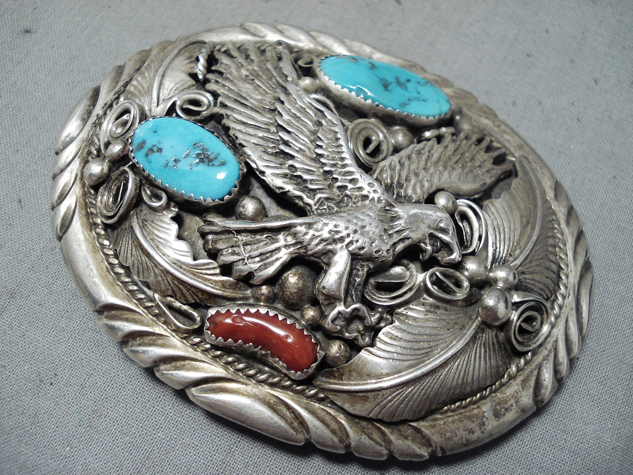 Vintage Navajo Eagle Sterling Silver Belt Buckle with Turquoise