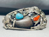 Authentic Native American Navajo Turquoise Coral Sterling Silver Leaf Bracelet-Nativo Arts