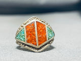 Intricate Vintage Native American Navajo Coral Turquoise Sterling Silver Ring Old-Nativo Arts
