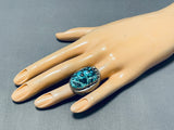 Ravishing Vintage Native American Navajo Carved Godber Turquoise Sterling Silver Ring-Nativo Arts