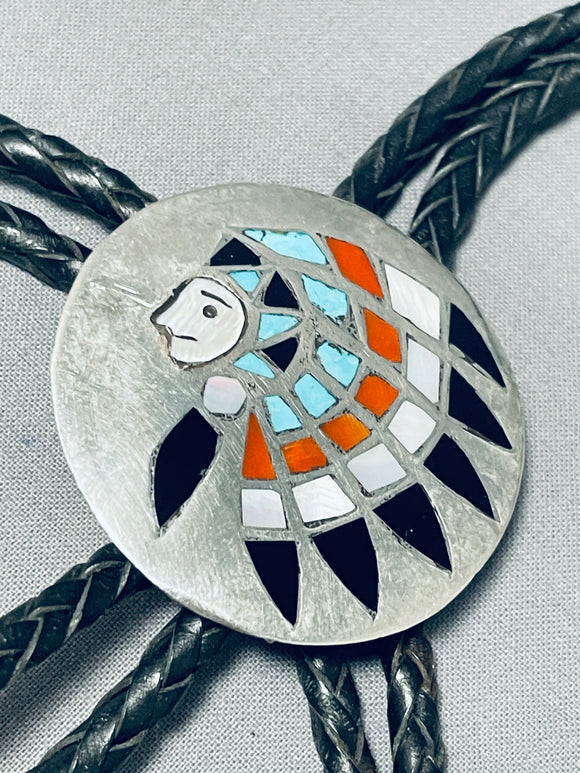 Detailed Chief Vintage Native American Zuni Turquoise Coral Sterling Silver Bolo Tie-Nativo Arts