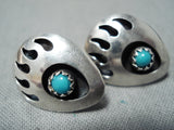 Superb Vintage Native American Navajo Turquoise Sterling Silver Bear Paw Earrings Old-Nativo Arts