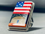 Most Unique Modern Native American Navajo American Flag Hogan Sterling Silver Inlay Ring-Nativo Arts