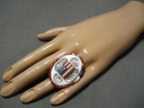 Important Native American Navajo Red White Blue Lapis Coral Sterling Silver Ring-Nativo Arts