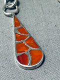 Lyn Johnson Native American Navajo Coral Inlay Sterling Silver Teardrop Earrings-Nativo Arts
