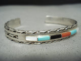 Intricate Vintage Native American Zuni Turquoise Coral Inlay Sterling Silver Bracelet-Nativo Arts