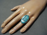Heavy Vintage Native American Navajo Blue Gem Turquoise Sterling Silver Ring-Nativo Arts