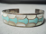 Bneautiful Vintage Native American Zuni Turquoise Pearl Sterling Silver Inlay Bracelet Old-Nativo Arts