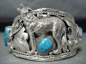 Howling Wolf Native American Navajo Turquoise Detailed Sterling Silver Bracelet-Nativo Arts