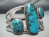 Museum Vintage Native American Navajo Blue Diamond Turquoise Sterling Silver Leaf Bracelet-Nativo Arts