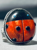 Marvelous Native American Navajo Signed Jet Coral Turquoise Sterling Silver Ladybug Ring-Nativo Arts