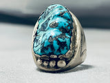 Ravishing Vintage Native American Navajo Carved Godber Turquoise Sterling Silver Ring-Nativo Arts