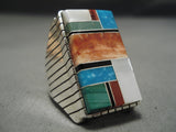 Huge Intricate Native American Navajo Turquoise Inlay Sterling Silver Ring-Nativo Arts