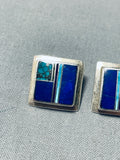 Radiant Vintage Native American Navajo Turquoise Lapis Inlay Sterling Silver Square Earrings-Nativo Arts