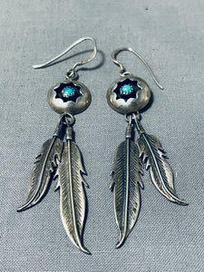 Fantastic Vintage Native American Navajo Turquoise Sterling Silver Earrings Signed-Nativo Arts