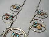 Detailed Vintage Native American Zuni Turquoise Inlay Sterling Silver Squash Blossom Necklace-Nativo Arts