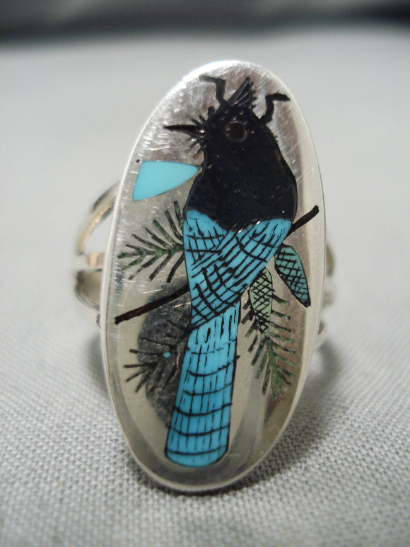 Native American Important Harlan Coonsis Bluejay Turquoise Sterling Silver Inlay Ring-Nativo Arts