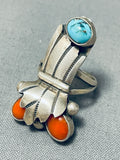 Rare Older Vintage Native American Navajo Domed Turquoise Coral Sterling Silver Ring Old-Nativo Arts