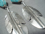 Detailed Feather Native American Navajo Turquoise Sterling Silver Earrings-Nativo Arts