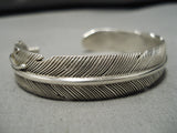 Striking Vintage Native American Navajo Hand Carved Sterling Silver Feather Bracelet Old-Nativo Arts