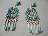 Incredible Vintage Zuni Native American Long Turquoise Sterling Silver Earrings-Nativo Arts