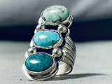 Towering Vintage Native American Navajo 3 Turquoise Sterling Silver Large Ring-Nativo Arts