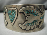 Incredible Vintage Native American Navajo Inlaid Turquoise Heart Sterling Silver Bracelet Cuff-Nativo Arts