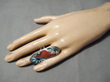 Towering Quam Sr. Native American Zuni Coral Turquoise Sterling Silver Cardinal Ring-Nativo Arts