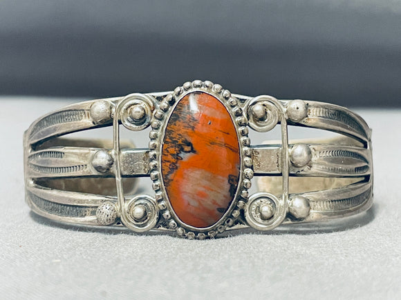 Early 1900's Vintage Native American Navajo Petrified Wood Sterling Silver Bracelet Old-Nativo Arts