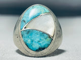 Heavy Vintage Native American Navajo Pilot Mountain Turquoise & Mop Sterling Silver Ring-Nativo Arts