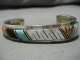 Authentic Vintage Native American Navajo Turquoise Inlay Sterling Silver Bracelet Old-Nativo Arts