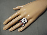 Important Zuni Native American Minney Mouse Coral Sterling Silver Ring-Nativo Arts