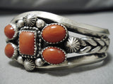 Important Native American Navajo Jeanette Dale Squared Coral Sterling Silver Bracelet-Nativo Arts