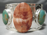 One Of The Biggest Native American Navajo Red Shell Green Turquoise Sterling Silver Bracelet-Nativo Arts