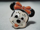 Whimsical Native American Zuni Coral Jet Mother Of Pearl Sterling Silver Minnie Mouse Ring-Nativo Arts