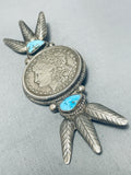 One Of A Kind Vintage Native American Navajo Old Kingman Turquoise Sterling Silver Dollar Pin-Nativo Arts