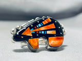 Signed Native American Navajo Turquoise Jet Sterling Silver Cosmic Black Bear Ring-Nativo Arts