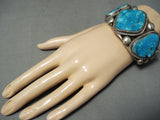 Colossal Heavy Signed Native American Navajo Vivid Turquoise Sterling Silver Bracelet-Nativo Arts