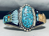 Extreme Detailed Vintage Native American Navajo Cosmic Sterling Silver Turquoise Bracelet-Nativo Arts