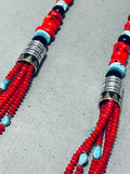Singer Coral Native American Navajo Turquoise Sterling Silver Tube Necklace-Nativo Arts