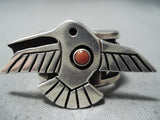 Aaron John Navajo Coral Sterling Silver Hummingbird Ring Native American-Nativo Arts