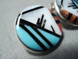 Detailed Vintage Native American Zuni Turquoise Inlay Sterling Silver Earrings-Nativo Arts