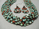 Native American Important Jose Coriz Santo Domingo Green Turquoise Coral Sterling Necklace-Nativo Arts