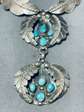 One Of Best Vintage Native American Navajo Hand Carved Leaf Sterling Silver Turquoise Necklace-Nativo Arts