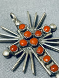 Coral And Turquoise Cross Vintage Native American Navajo Sterling Silver Pendant-Nativo Arts