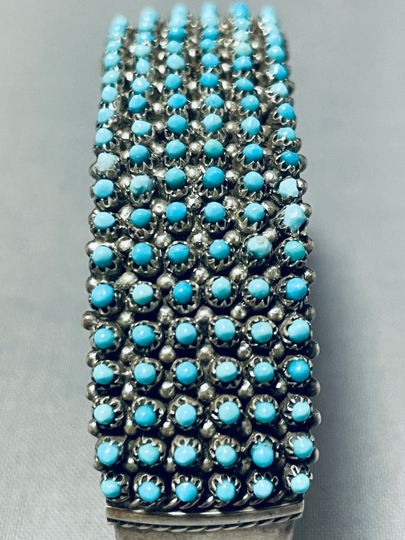 One Of Most Intricate Hand Cut Turquoise Vintage Native American Zuni Sterling Silver Bracelet-Nativo Arts
