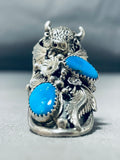 Fascinating Native American Navajo Kingman Turquoise Sterling Silver Buffalo Ring-Nativo Arts